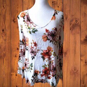 Staccato Women's Large Long Sleeve Floral Blouse with Crochet Lace Back Accents